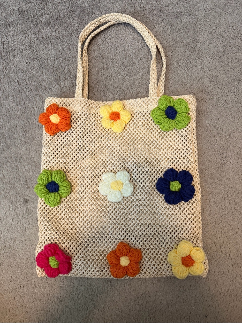 Woven Tote with Colorful Crochet Flower Accents - Beach Bag or Purse